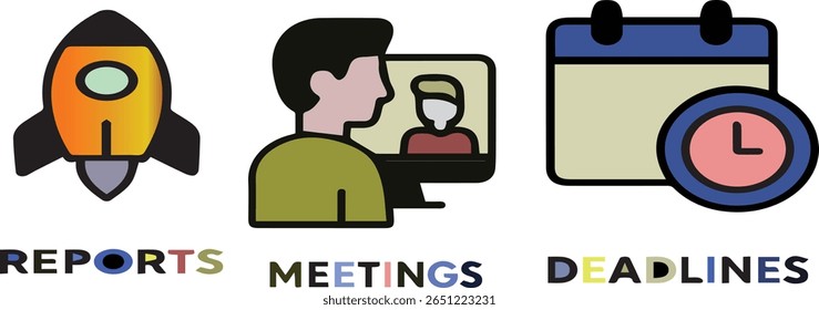 Uma coleção de ícones limpa e consistente que representa as ferramentas de produtividade usadas em ambientes de negócios, com uma paleta pastel calmante.