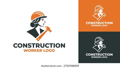 Clean construction worker logo with tall building silhouette and safety helmet.