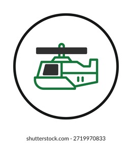 Uma ilustração limpa e contemporânea apresenta uma representação simplificada de um helicóptero fechado dentro de um círculo. O design usa contrastes de cores distintos e linhas claras para transmitir uma sensação de