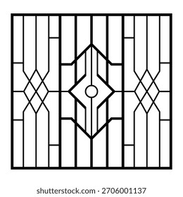 A clean and contemporary window grill vector featuring sharp geometric lines, diamond lattice patterns, and a bold symmetrical center motif. Ideal for architectural illustrations.