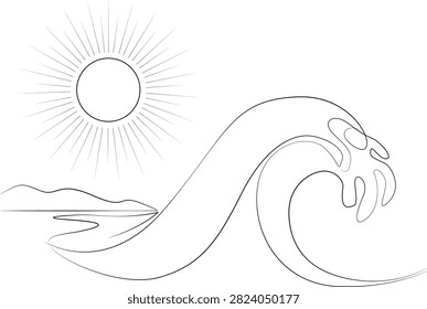 A clean, continuous line art illustration capturing a powerful ocean wave cresting under a bright, radiating sun. In the background, simple silhouettes of mountains meet a curving shoreline, embodying a serene yet dynamic coastal landscape. This minimalist aesthetic relies on fluid, elegant strokes, making it perfect for modern wall art, contemporary branding, coastal decor, or a sleek tattoo design.#LineArt #MinimalistDesign #OceanWave #SunAndSea #ContinuousLineArt #SurfArt #ModernMinimalism #BeachVibes #VectorArt