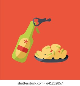 clean cool opening beer with Pistachios in a plate isolated flat design style. one cartoon simple Beer Bottle Opener opens a modern german beer. oktoberfest advertising 