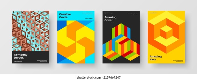 Clean corporate brochure A4 vector design template set. Fresh geometric hexagons journal cover layout composition.