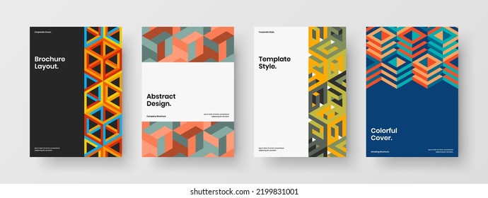 Clean corporate brochure A4 vector design illustration collection. Amazing mosaic pattern magazine cover layout bundle.