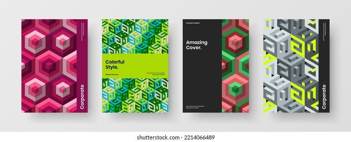 Clean corporate brochure vector design template composition. Vivid geometric pattern cover illustration bundle.