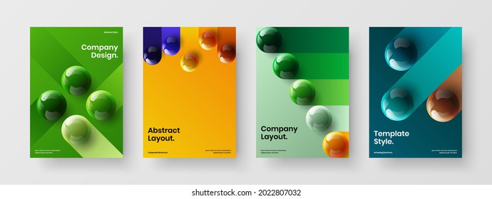 Clean corporate cover A4 vector design illustration set. Abstract realistic spheres postcard layout composition.