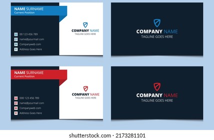 Clean Creative Professional Business Card Design. Stationary Design. Unique Minimalist Modern Dark Blue Red Visiting Name Card Template. Abstract Real Estate Construction Visiting Name Card Design.