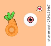 A clean and creative vector illustration featuring a healthy eye character happily loving fresh carrots