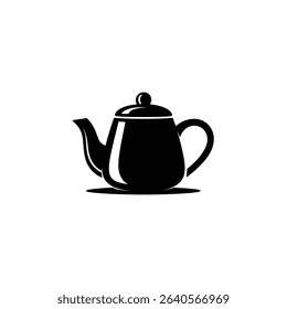 A clean, crisp black and white illustration depicts a teapot with a rounded body, a lid topped with a small knob, and a curved handle for pouring.