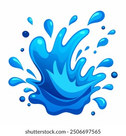 A clean and crisp vector illustration of a blue water splash, isolated on a white background. The splash features smooth, flowing curves and droplets, capturing the fluidity and motion of water 