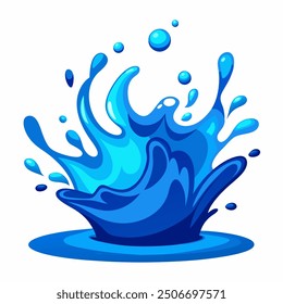 A clean and crisp vector illustration of a blue water splash, isolated on a white background. The splash features smooth, flowing curves and droplets, capturing the fluidity and motion of water 