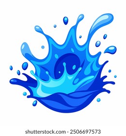 A clean and crisp vector illustration of a blue water splash, isolated on a white background. The splash features smooth, flowing curves and droplets, capturing the fluidity and motion of water 