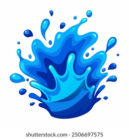 A clean and crisp vector illustration of a blue water splash, isolated on a white background. The splash features smooth, flowing curves and droplets, capturing the fluidity and motion of water 