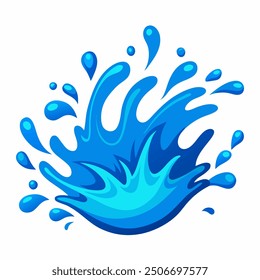 A clean and crisp vector illustration of a blue water splash, isolated on a white background. The splash features smooth, flowing curves and droplets, capturing the fluidity and motion of water 