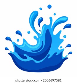 A clean and crisp vector illustration of a blue water splash, isolated on a white background. The splash features smooth, flowing curves and droplets, capturing the fluidity and motion of water 