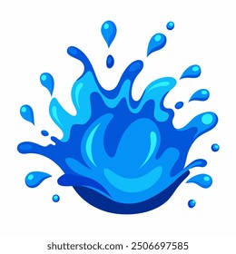 A clean and crisp vector illustration of a blue water splash, isolated on a white background. The splash features smooth, flowing curves and droplets, capturing the fluidity and motion of water 