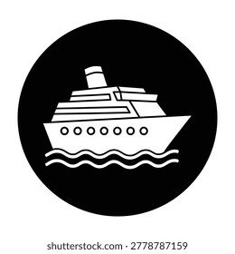 A clean cruise ship icon set inside a black circle. This minimalist maritime symbol represents luxury sea travel, ocean vacations, and cruise line transportation services.