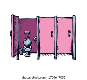 Clean Cubicle Comfort Woman Pee Cistern In On White City Hotel Backdrop. Bright Pink Color Hand Drawn School Gender People Poop Box Cabin Sign In Art Modern Style On Text Space. Front Close Up View