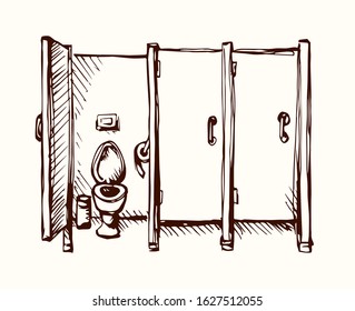 Clean cubicle pee cistern in on white city hotel wall backdrop. Freehand line black ink hand drawn school gender people box cabin logo sign in art retro doodle style on paper text space. Front view