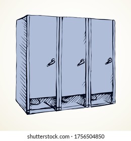 Clean cubicle pee cistern in on white city hotel wall backdrop. Freehand line black ink hand drawn school gender people box cabin logo sign in art retro doodle style on paper text space. Front view