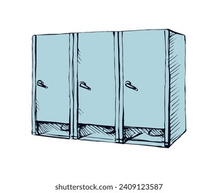 Clean cubicle pee cistern in on white city hotel wall backdrop. Freehand line black hand drawn school poop box cabin logo sign in art modern doodle style on paper space for text. Front close up view