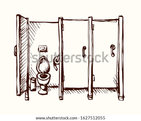 Clean cubicle pee cistern in on white city hotel wall backdrop. Freehand line black ink hand drawn school gender people box cabin logo sign in art retro doodle style on paper text space. Front view