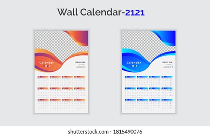 Calendario de pared abstracto de color limpio y personalizado de 2021 con plantilla de 12 meses e iluminación pro vector