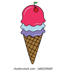 Clean and cute vector illustration of a waffle cone with three scoops of flavored ice cream (pink, light blue, and purple) topped with a red cherry. Isolated on a white background for easy use in summer designs and menus.