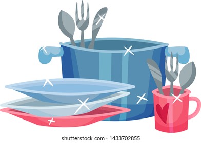 Clean cutlery in the pan and mug. Vector illustration on white background.