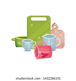 Clean cutting boards and mugs. Vector illustration on white background.