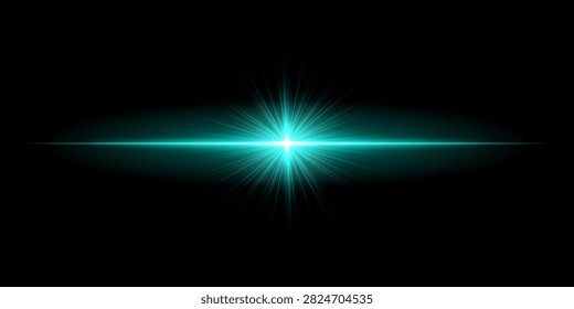 Clean cyan crossbeam. Intense turquoise core projects dense radial spokes along slim horizontal line, producing pure high-energy illumination with soft peripheral blur across void for minimalist light