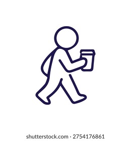 A clean dark blue line icon of a person walking with a to-go coffee cup. This minimalist vector graphic represents commuting coffee breaks and daily routines.