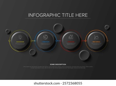 A clean dark infographic with four connected circles featuring icons and text. The design uses minimalist elements and vibrant colors to highlight accounting, statistics, and strategy.