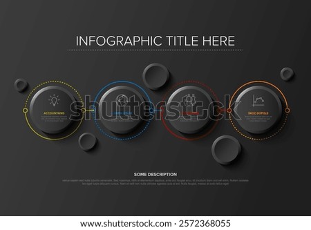 A clean dark infographic with four connected circles featuring icons and text. The design uses minimalist elements and vibrant colors to highlight accounting, statistics, and strategy.