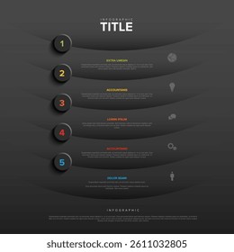 A clean dark and modern infographic features a five-step layout with numbered sections, icons, and placeholders for text. Ideal for business or educational visual presentations.