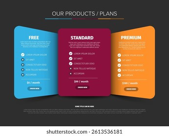 A clean dark and modern pricing plan comparison chart showcasing Free, Standard, and Premium packages. Each plan includes pricing details, features, and an order button.