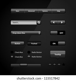 Clean Dark User Interface Controls. Web Elements. Website, Software UI: Buttons, Switchers, Slider, Arrows, Drop-down, Navigation Bar, Menu, Tooltip, Check Box, Radio, Scroller, Input Search