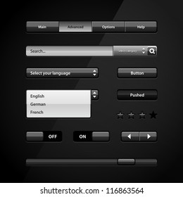 Clean Dark User Interface Controls 2. Web Elements. Website, Software UI: Buttons, Switchers, Slider, Arrows, Drop-down, Navigation Bar, Menu, Scroller, Input Search