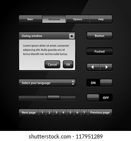 Clean Dark User Interface Controls 3. Web Elements. Website, Software UI: Buttons, Switchers, Slider, Arrows, Drop-down, Navigation Bar, Menu, Scroller, Dialog Window, Pagination