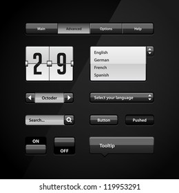 Clean Dark User Interface Controls 4. Web Elements. Website, Software UI: Buttons, Switchers, Arrows, Drop-down, Navigation Bar, Menu, Tooltip, Date, Calendar, Search