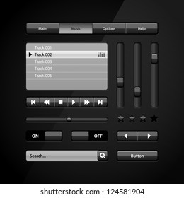 Clean Dark User Interface Controls 6. Web Elements. Website, Software UI: Buttons, Switchers, Arrows, Drop-down, Navigation Bar, Menu, Search, Equalizer, Mixer, Levels, Play List, Player, Progress