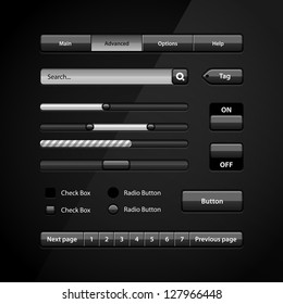 Clean Dark User Interface Controls 7. Web Elements. Website, Software UI: Buttons, Switchers, Pagination, Navigation Bar, Menu, Search, Levels, Progress, Scroller, Check Box, Radio Button, Tag