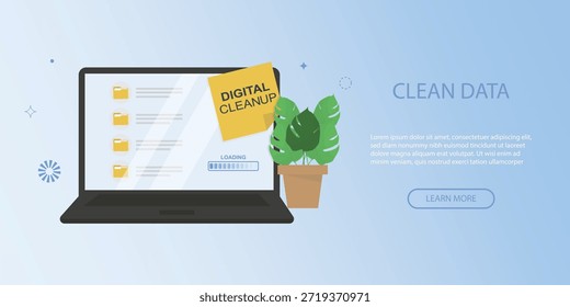 Banner da limpeza digital do notebook de dados limpos. organização e distribuição de dados para uma melhor saúde digital. Conceito de banner de TI verde. Pegada digital de carbono. Dia da limpeza digital. Ilustração vetorial