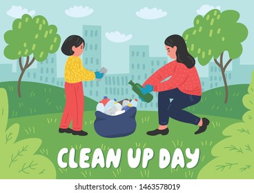 Clean up Day. Young woman and little girl cleaning city park. Vector illustration.