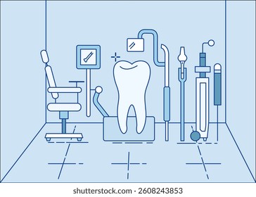 Clean dental office interior featuring a tooth model and various dental tools, displayed in a soothing light blue color palette ideal for healthcare visuals.
