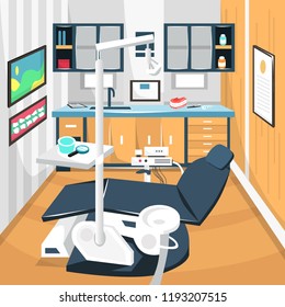 Clean Dentist Room Dental Care Concept Hospital with full equipment dental chairs for Cartoon Vector Illustration