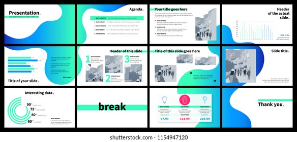 Clean design of a business presentation template. Vector set of infographic elements for marketing, advertising or annual report. Blue and green fluid gradient shapes on white background. 