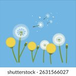 Clean design showing dandelion puff and its seeds flying away