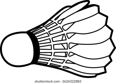 A clean and detailed black and white vector line art of a shuttlecock, ideal for badminton-themed icons, coloring pages, or educational and sports-related graphics