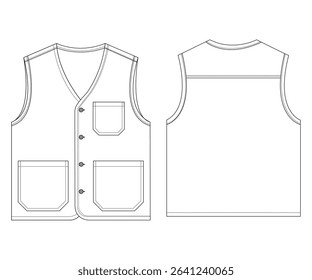 Clean and detailed flat sketch vector of a modern vest design, showcasing both front and back views. Ideal for fashion designers, technical designers, garment manufacturers, and clothing line